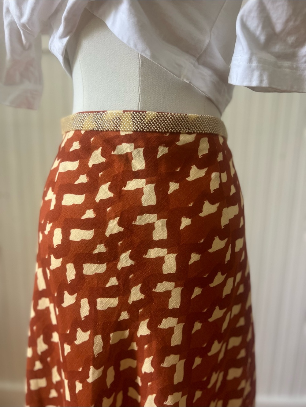 Zara Printed Maxi Skirt Beaded Waist Rust Cream A-Line NWT Women's Size Medium - Picture 5 of 6